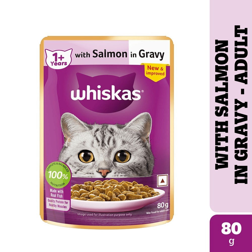 Whiskas Adult Cat Food – Salmon in Gravy | 80g Pouch | Wet Food for Cats | Complete & Balanced Nutrition