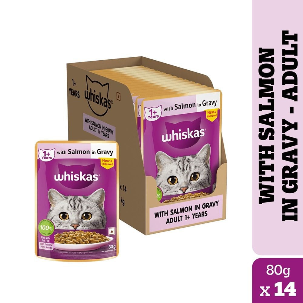 Whiskas Adult Cat Food – Salmon in Gravy | 80g Pouch | Wet Food for Cats | Complete & Balanced Nutrition