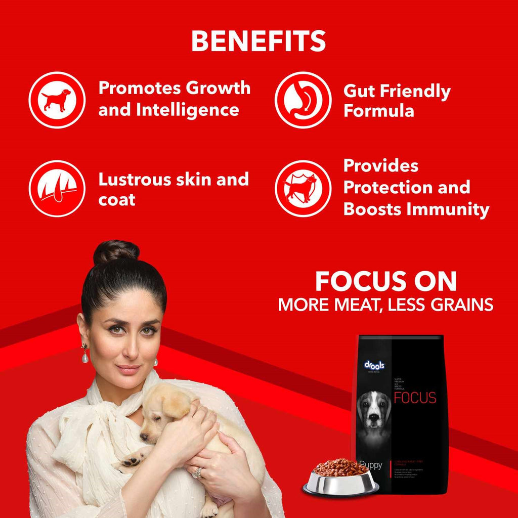 Drools Focus Puppy Super Premium Dog Food – Rich in Chicken | For All Breeds | High Protein & DHA Formula | 1.2kg / 4kg /  12kg Pack