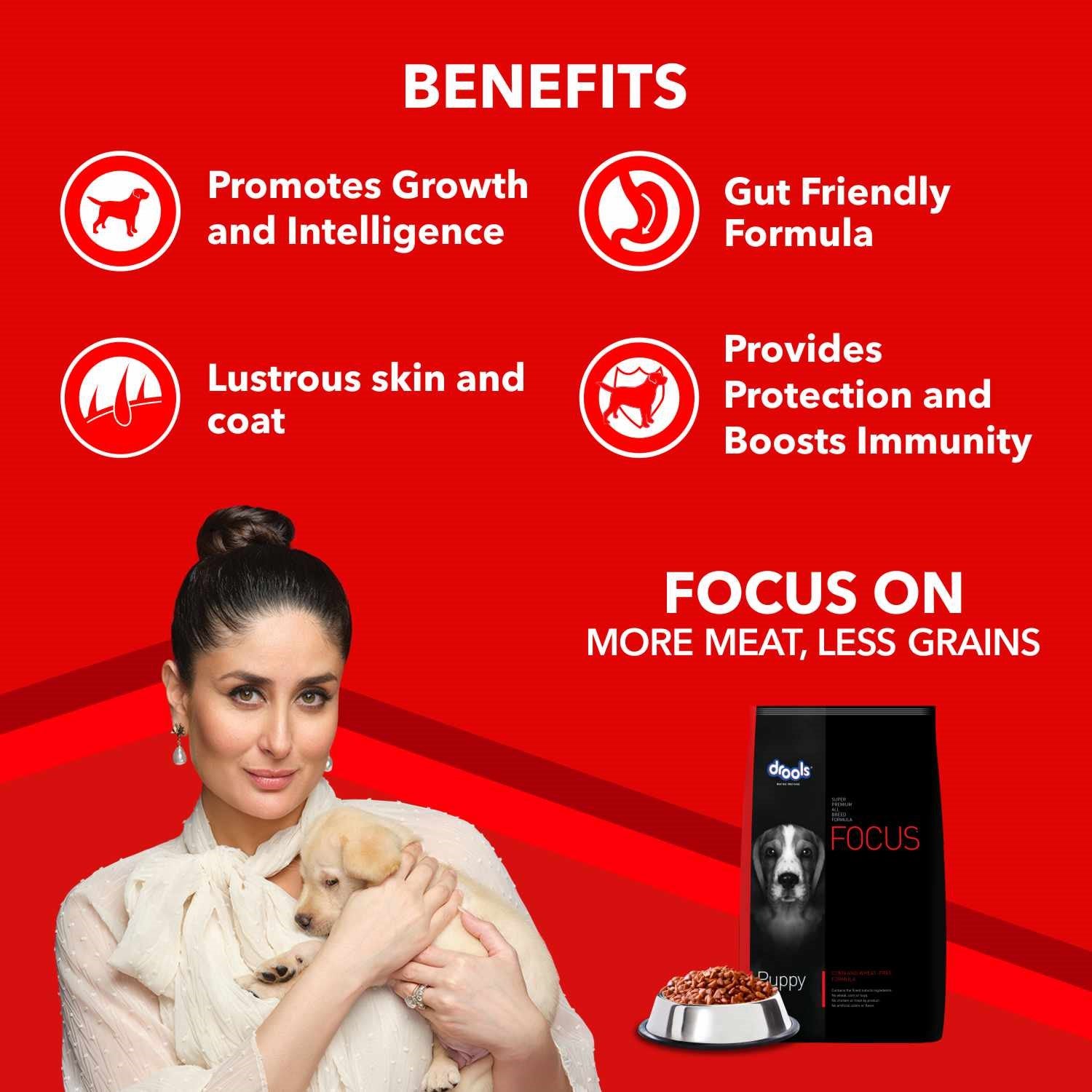 Drools Focus Puppy Super Premium Dog Food – Rich in Chicken | For All Breeds | High Protein & DHA Formula | 1.2kg / 4kg /  12kg Pack