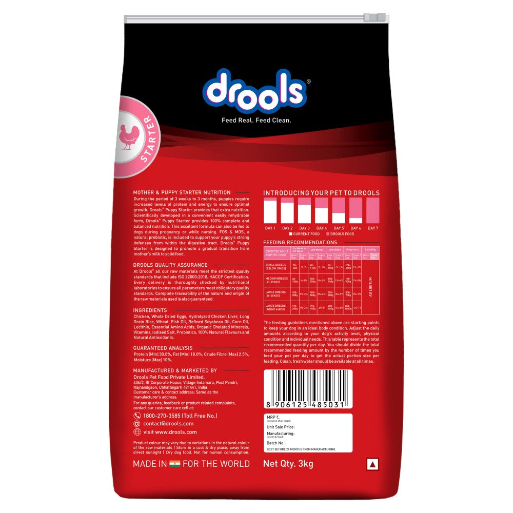 Drools Mother & Puppy Starter Dog Food – Chicken & Egg, DHA Added | 3kg | High Protein, Easy Digestion, For All Breeds