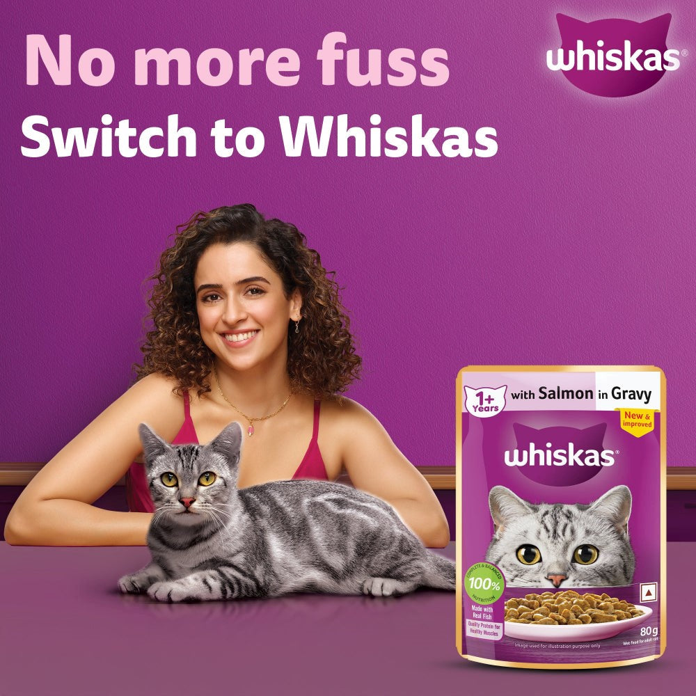 Whiskas Adult Cat Food – Salmon in Gravy | 80g Pouch | Wet Food for Cats | Complete & Balanced Nutrition