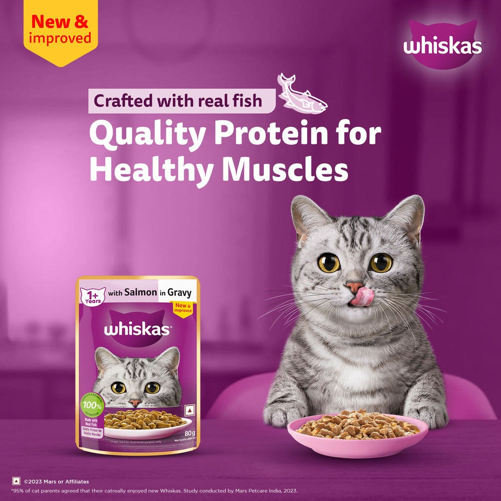 Whiskas Adult Cat Food – Salmon in Gravy | 80g Pouch | Wet Food for Cats | Complete & Balanced Nutrition