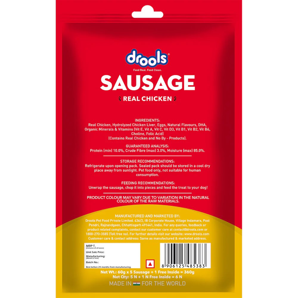 Drools Dog Sausage – Real Chicken | Healthy Dog Treat | High Protein Snack | No Artificial Flavours