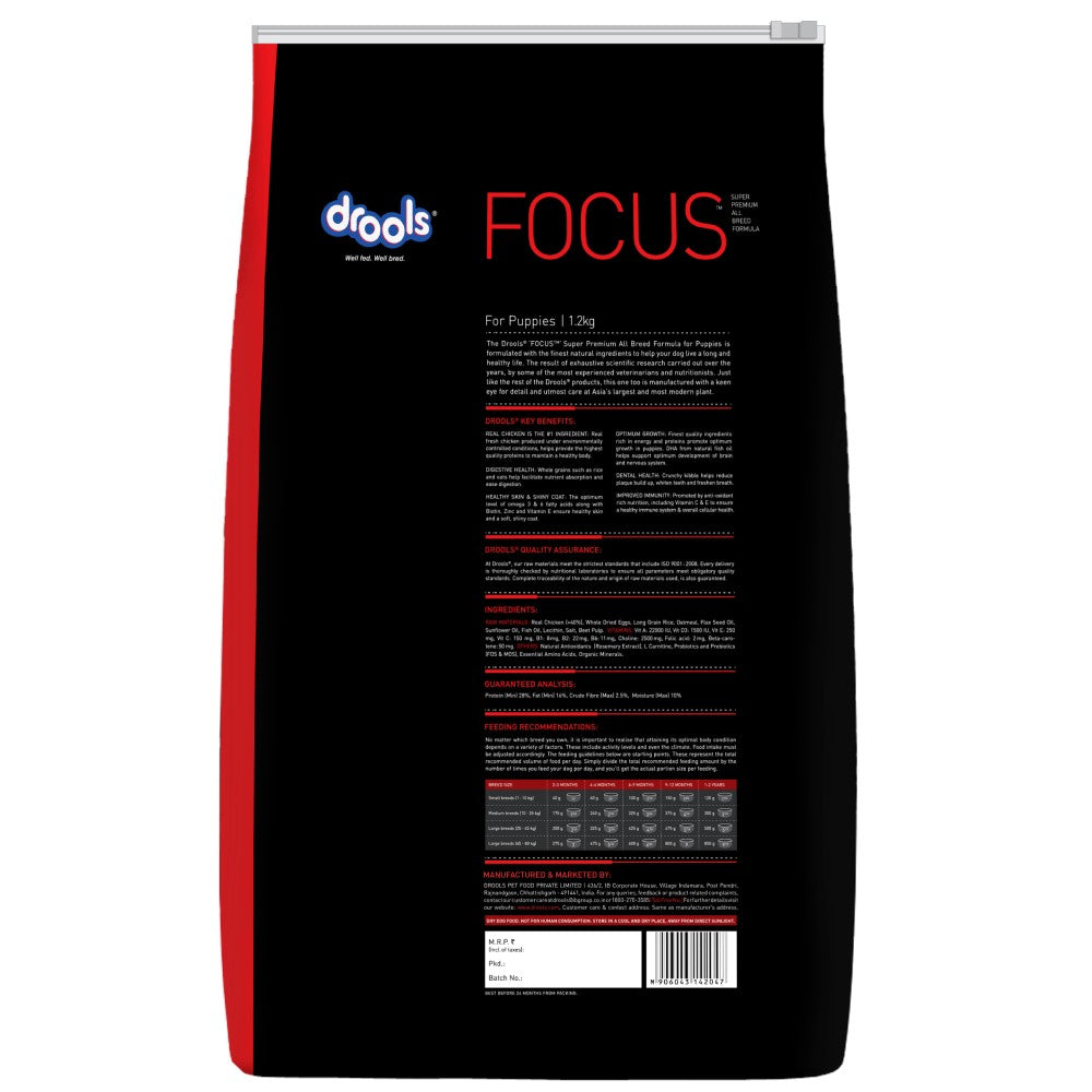 Drools Focus Puppy Super Premium Dog Food – Rich in Chicken | For All Breeds | High Protein & DHA Formula | 1.2kg / 4kg /  12kg Pack