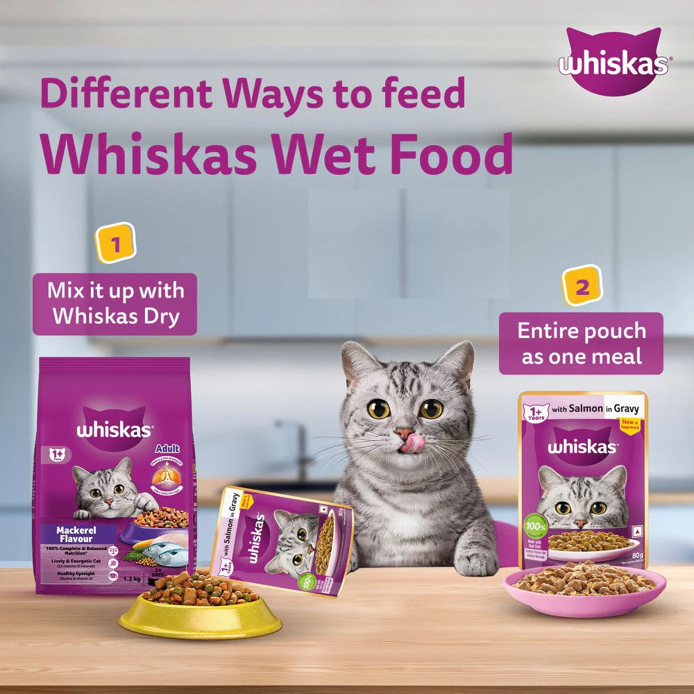 Whiskas Adult Cat Food – Salmon in Gravy | 80g Pouch | Wet Food for Cats | Complete & Balanced Nutrition
