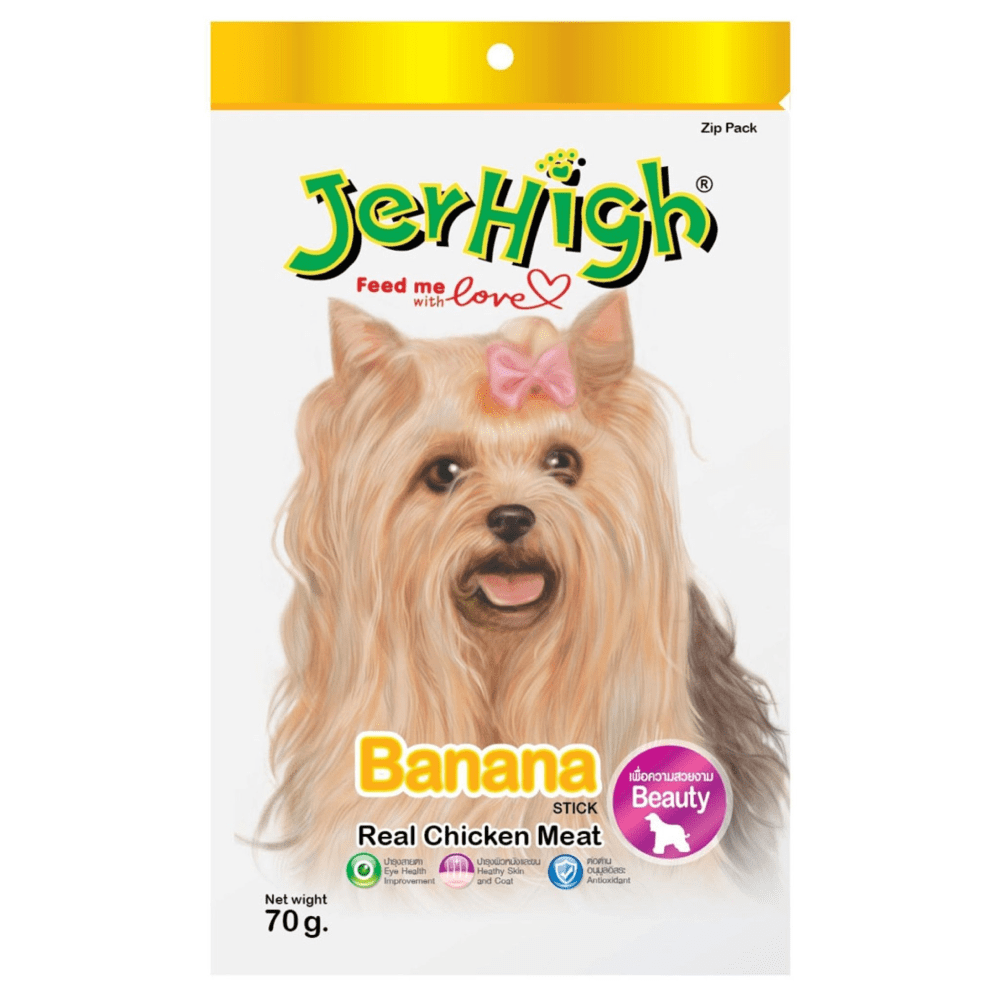 JerHigh Dog Treats – Banana Flavor Stick | Real Chicken Meat | 70g Packs