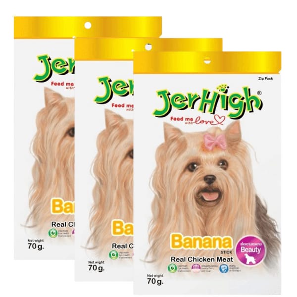 JerHigh Dog Treats – Banana Flavor Stick | Real Chicken Meat | 70g Packs